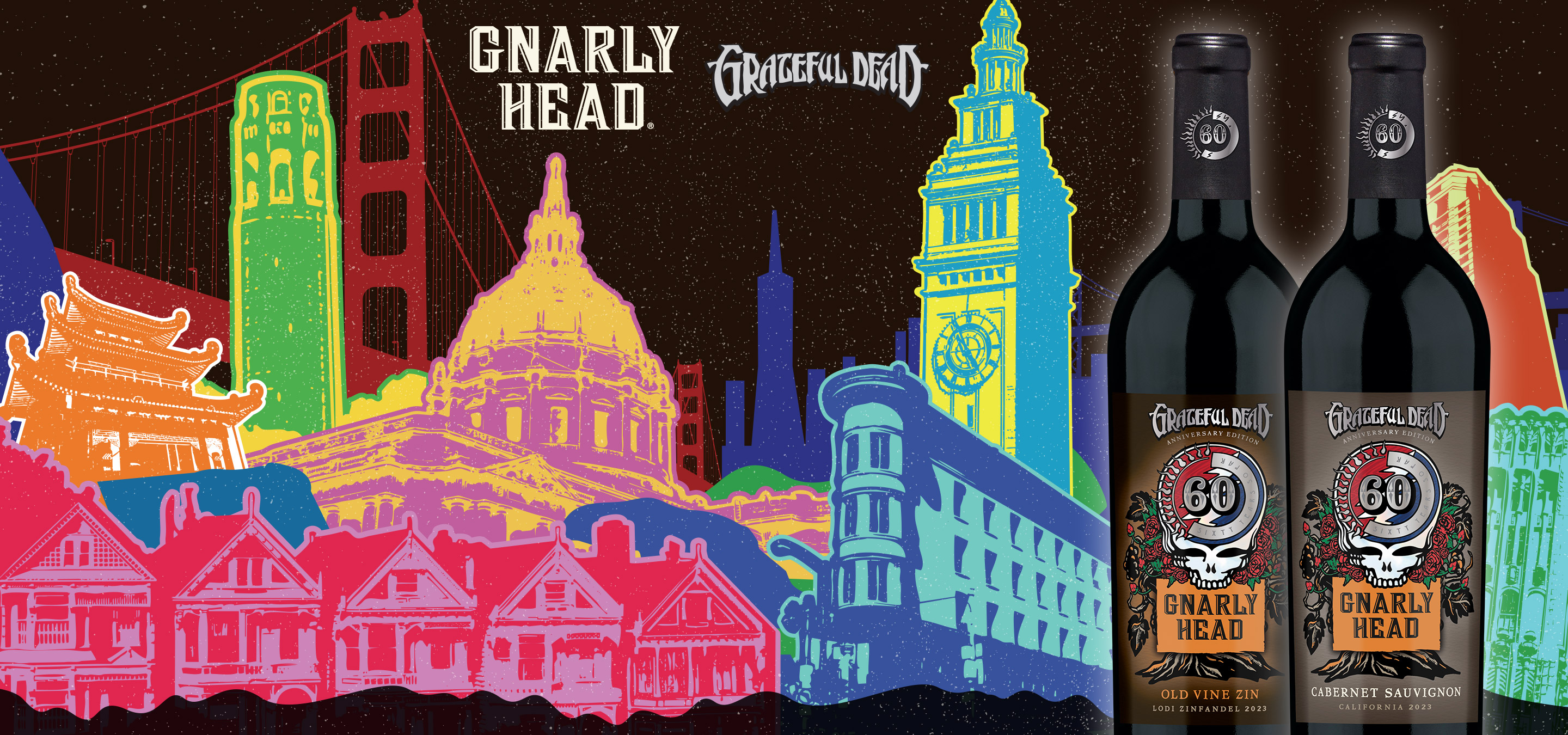 Gnarly Head and Grateful Dead wine bottles against an illustrative colorful cityscape background of San Francisco