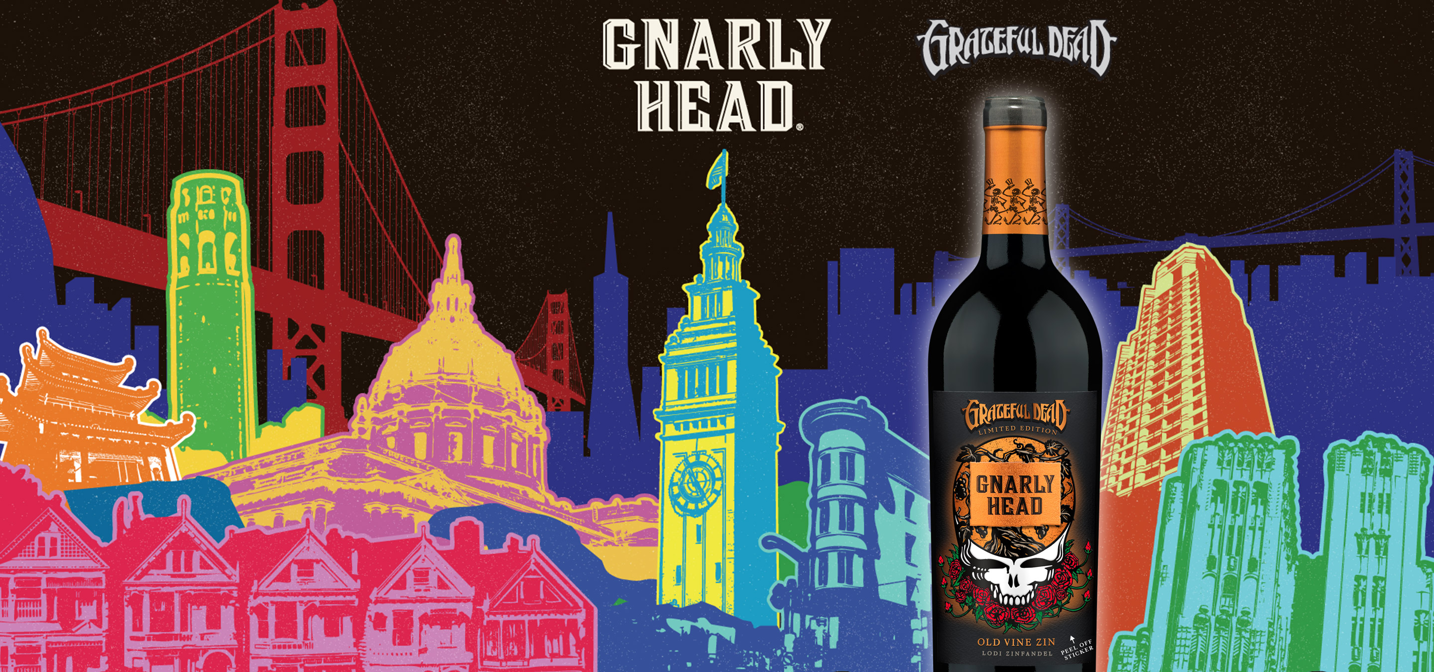 Gnarly Head and Grateful Dead wine bottle against an illustrative colorful cityscape background of San Francisco
