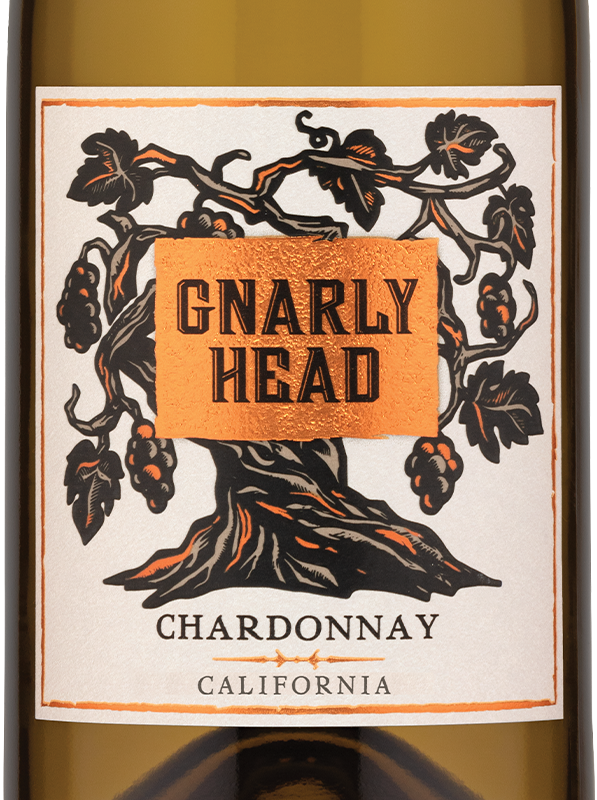 Cropped photo of a Gnarly Head Chardonnay bottle focused on the front label